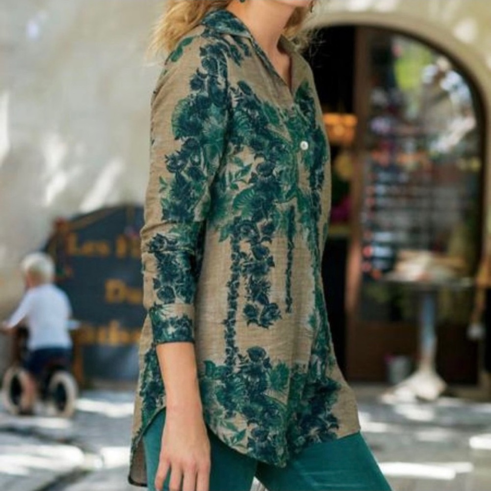 Soft Surroundings Verdure Floral Print Tunic Abalone Button Olive Green Gauze M